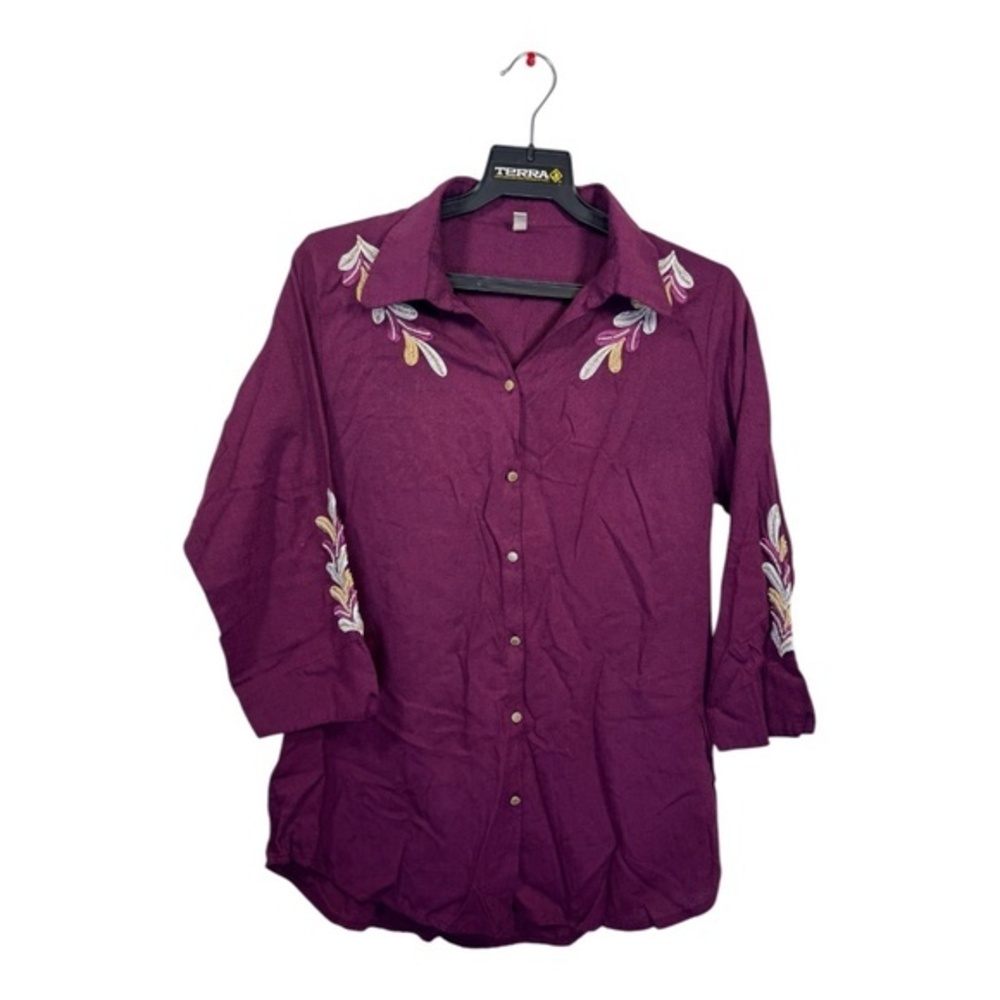 Pendroz Blouse Womens Size XL Burgundy Linen Embroidered Vacation Beach